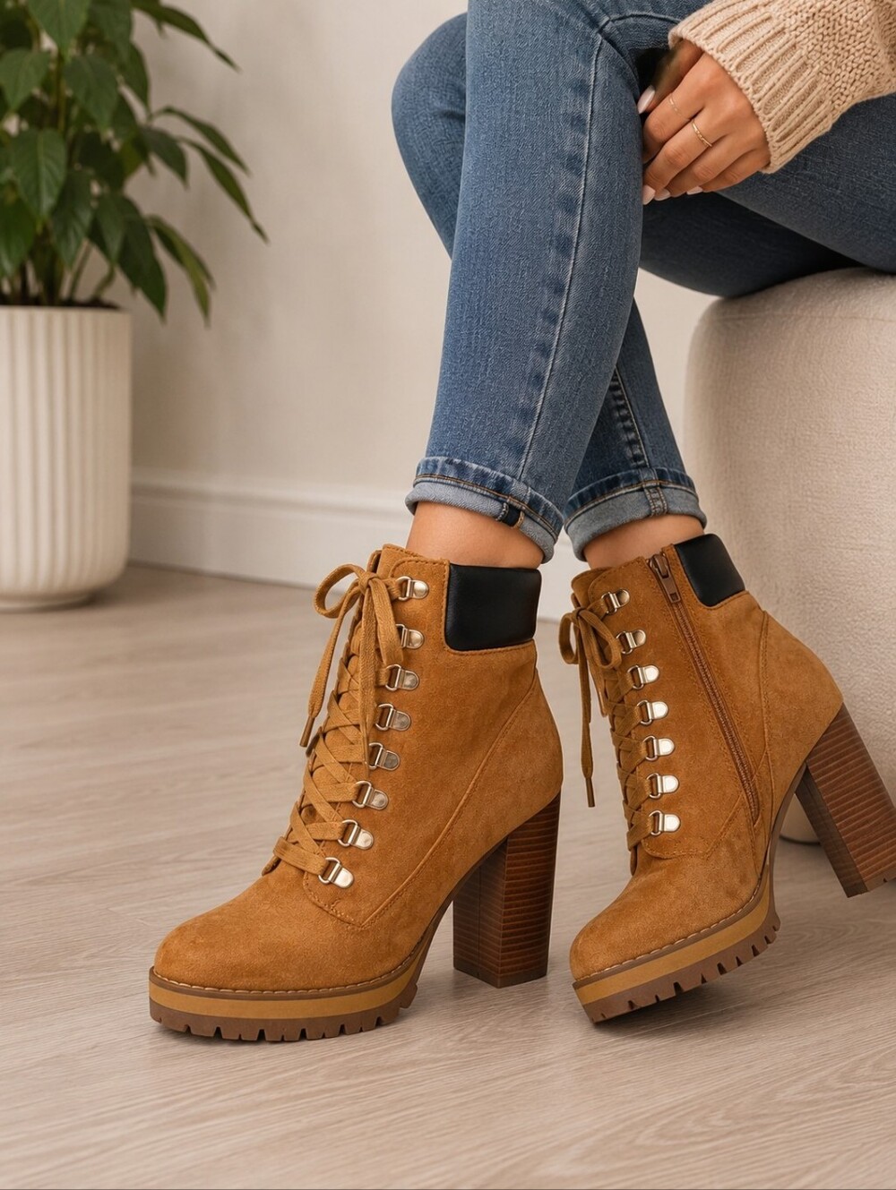 Steve Madden Tan Suede Lace-Up Platform Lug Sole Block Heel Boots Size 7 - Picture 7 of 7
